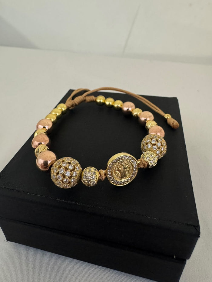Pulsera San Benito Oro Rosa + Bola de Fuego