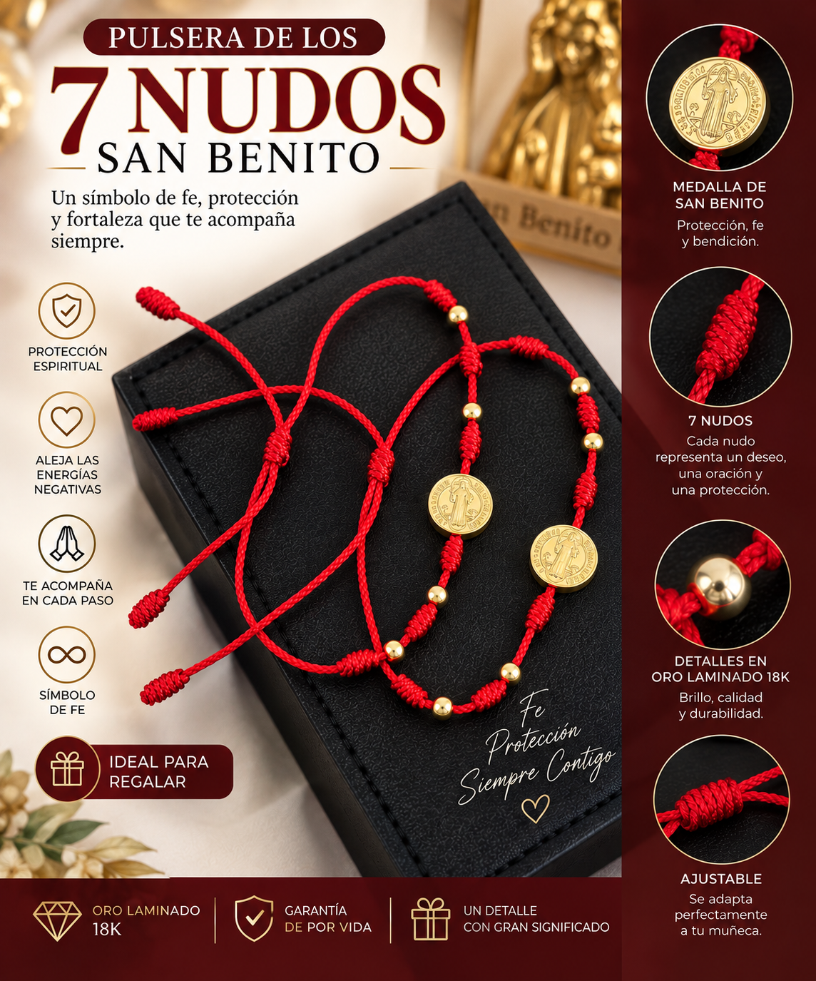 Dúo Pulseras 7 Nudos San Benito Hilo Rojo